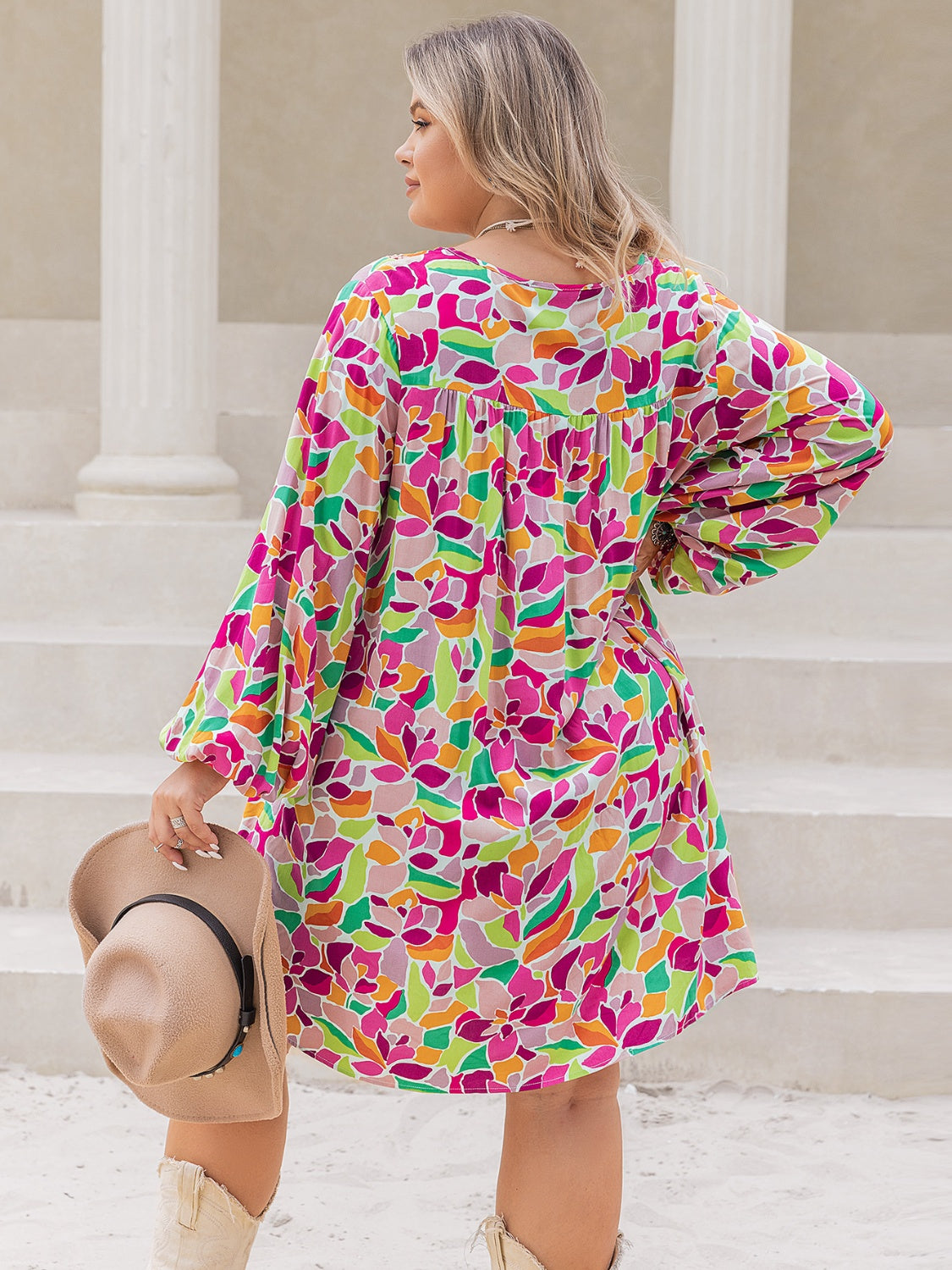 Plus Size Printed V-Neck Balloon Sleeve Mini Dress - Scarlett's Riverside Boutique 