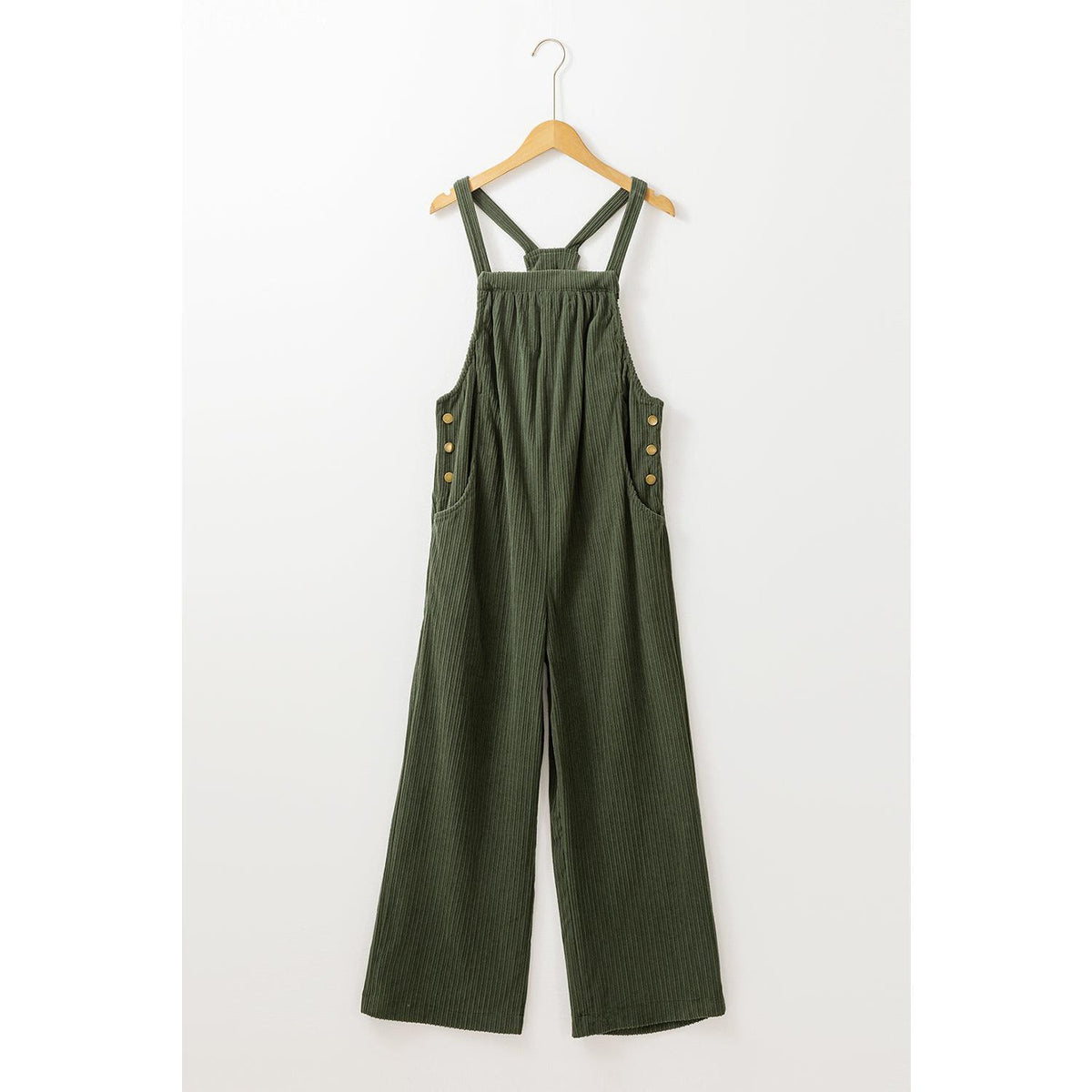 Jungle Green Solid Pocketed Loose Fit Corduroy Overall Bottoms Chic
