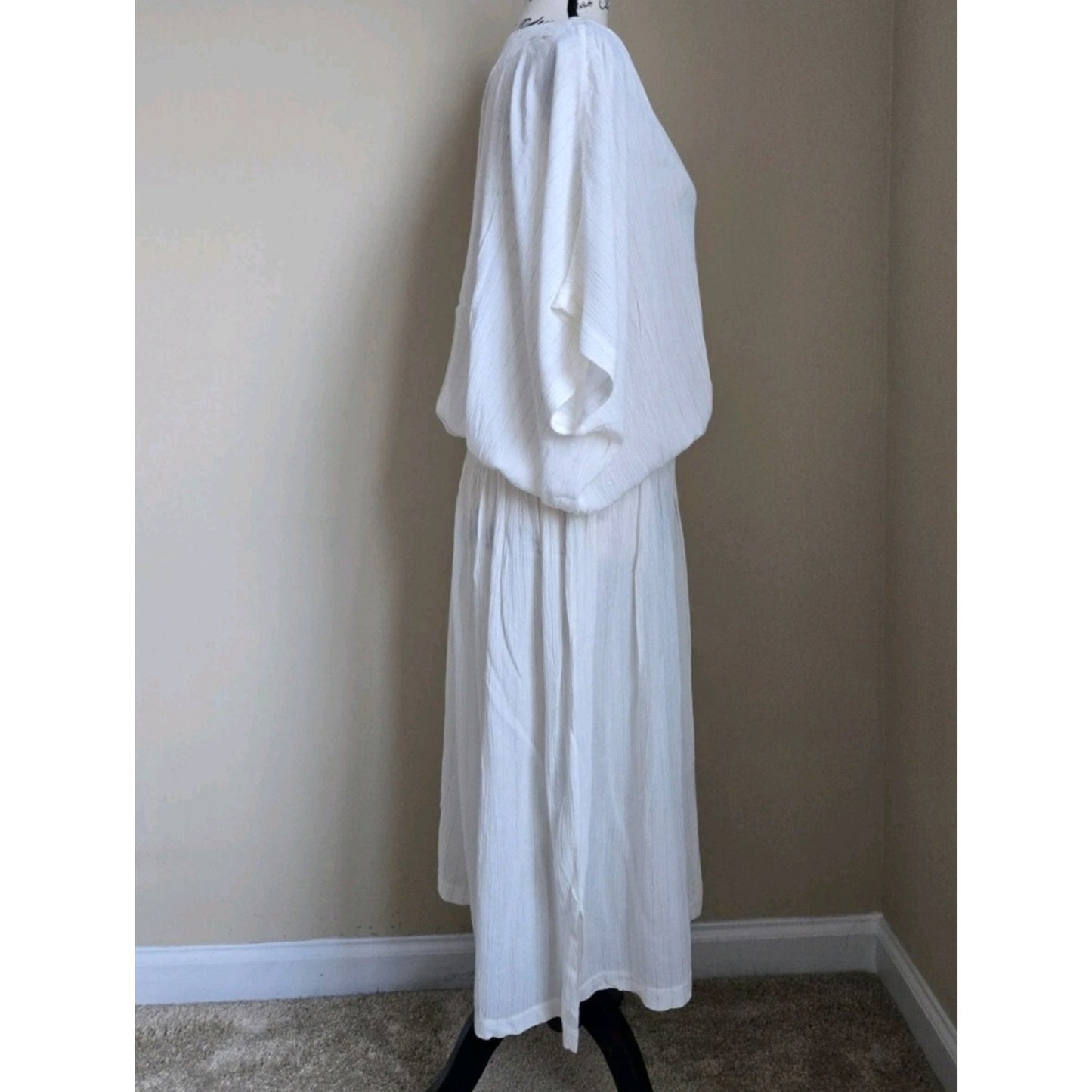 NWT World Market White Gold Stripe Caftan Dress One Size Boho Beach Cover Up Mid