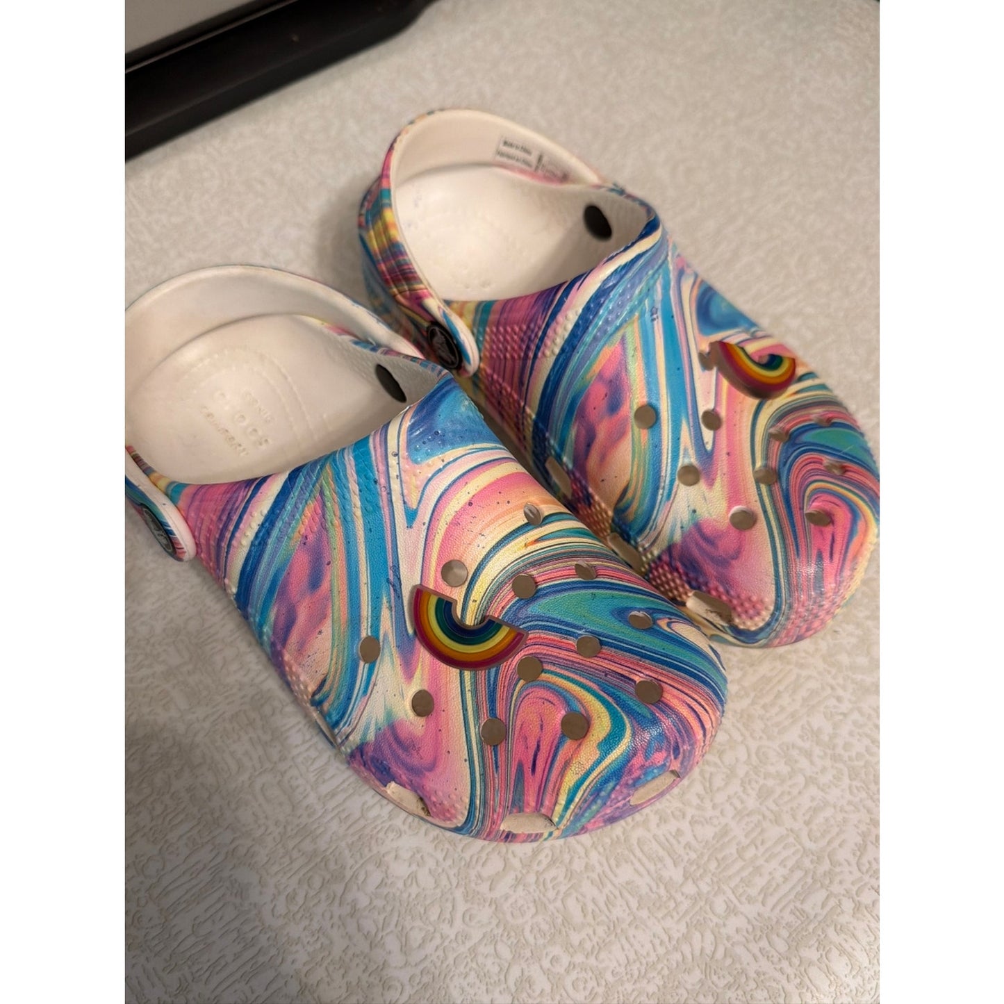 Crocs Kids Classic Clog C13 Rainbow Marbled Swirl Slip On Shoes Charms Colorful