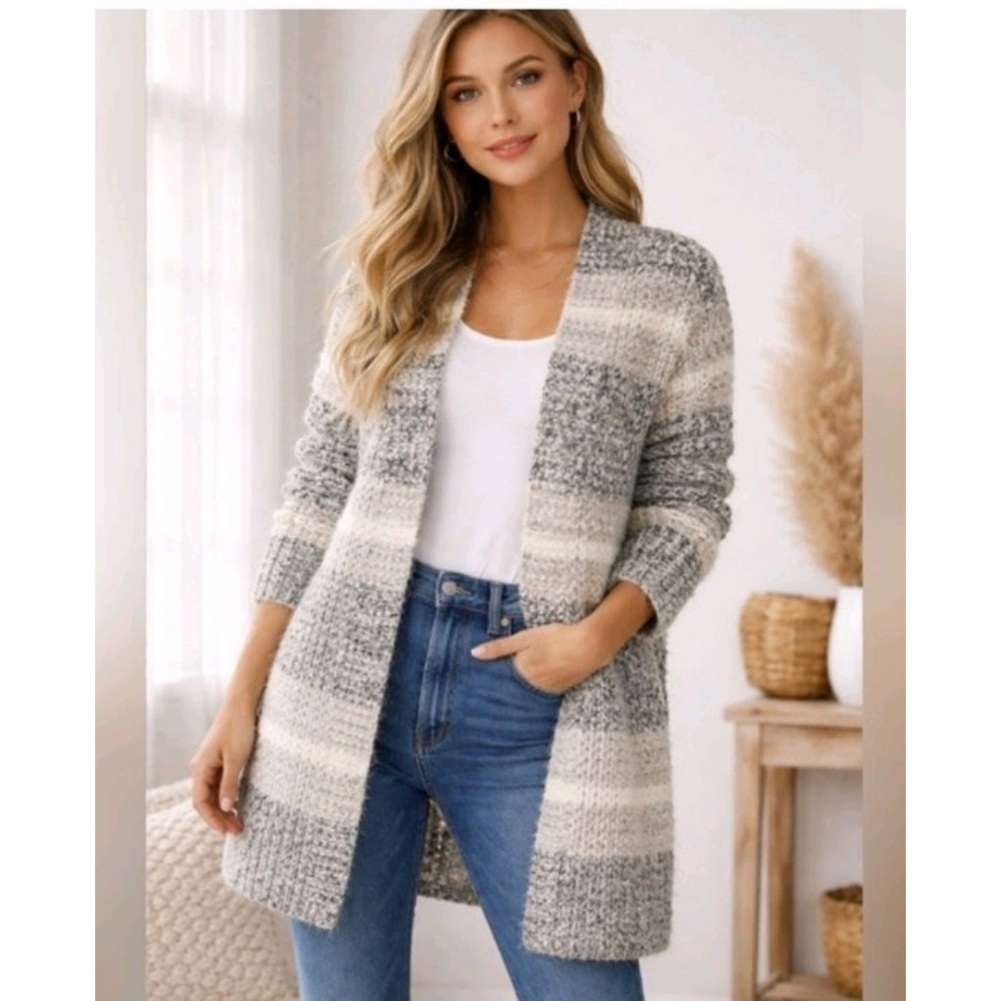 Maurices Size M, Chunky Knit Open Front Cardigan – Gray & Cream Striped Cozy.C34