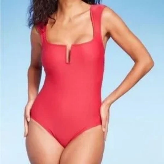 NWT Kona Sol Red One Piece Swimsuit Size M Square Neck Shelf Bra. Sz S #G32