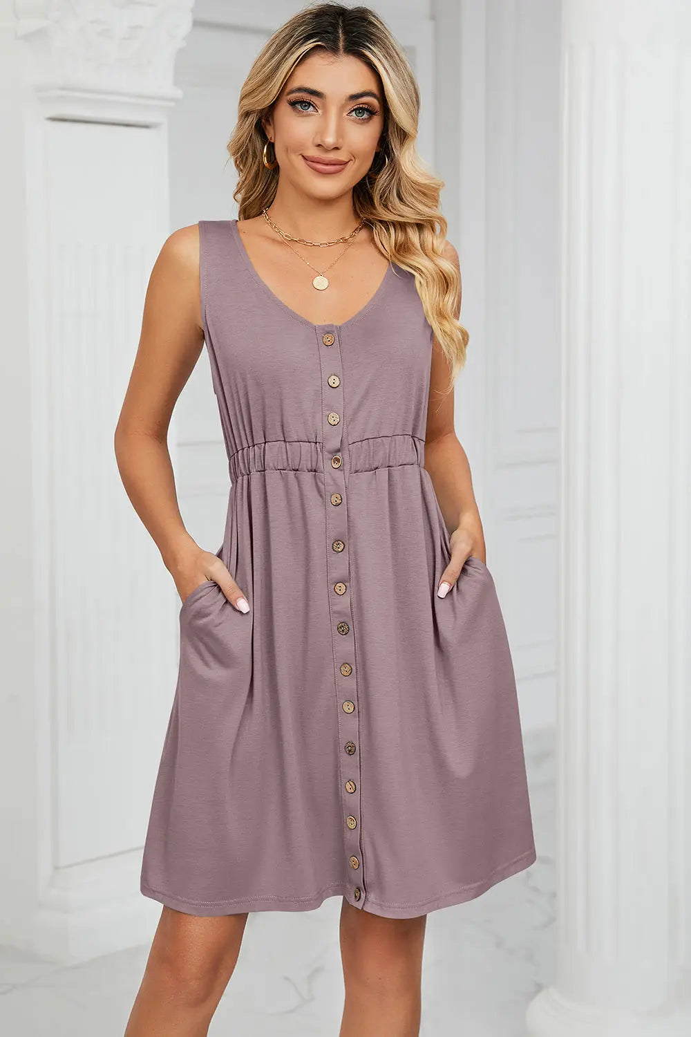 Buttoned Wide Strap Mini Dress - Scarlett's Riverside Boutique 