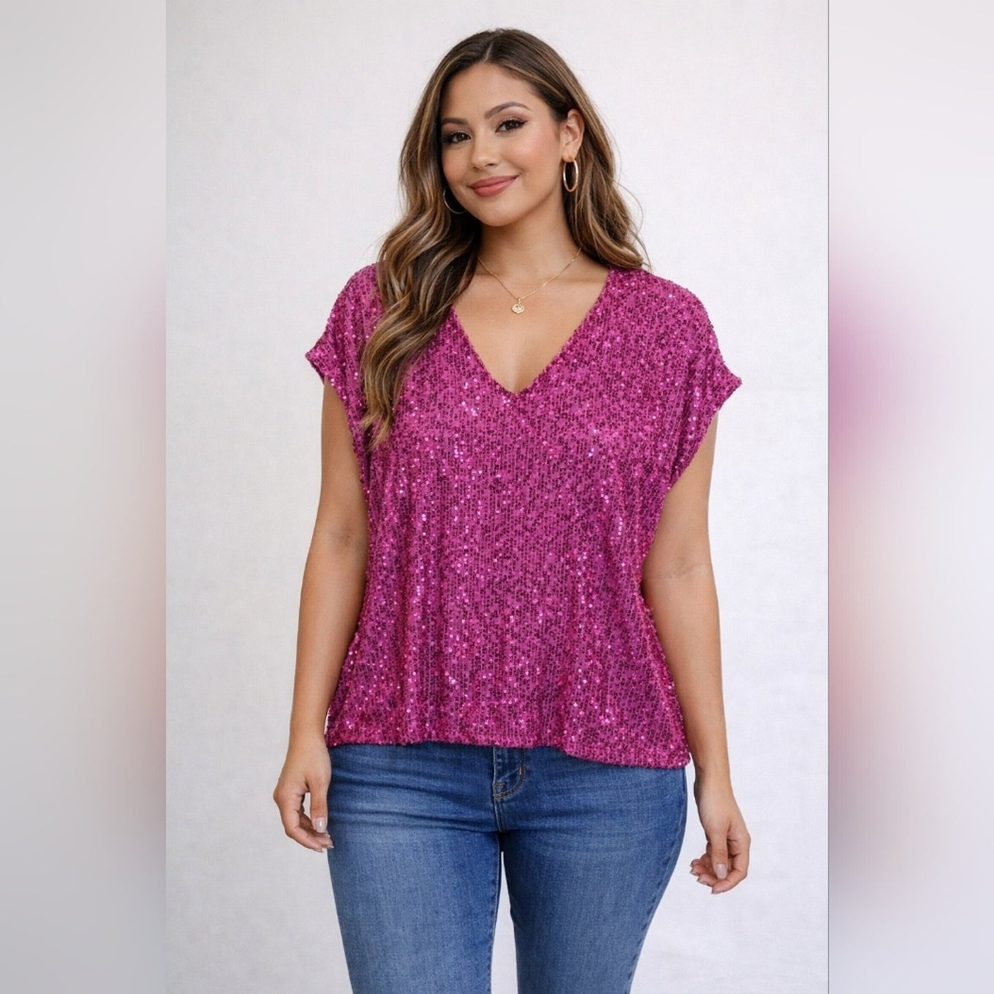 NWT's Vince Camuto Pink sequin cap sleeve top. Size L. 97