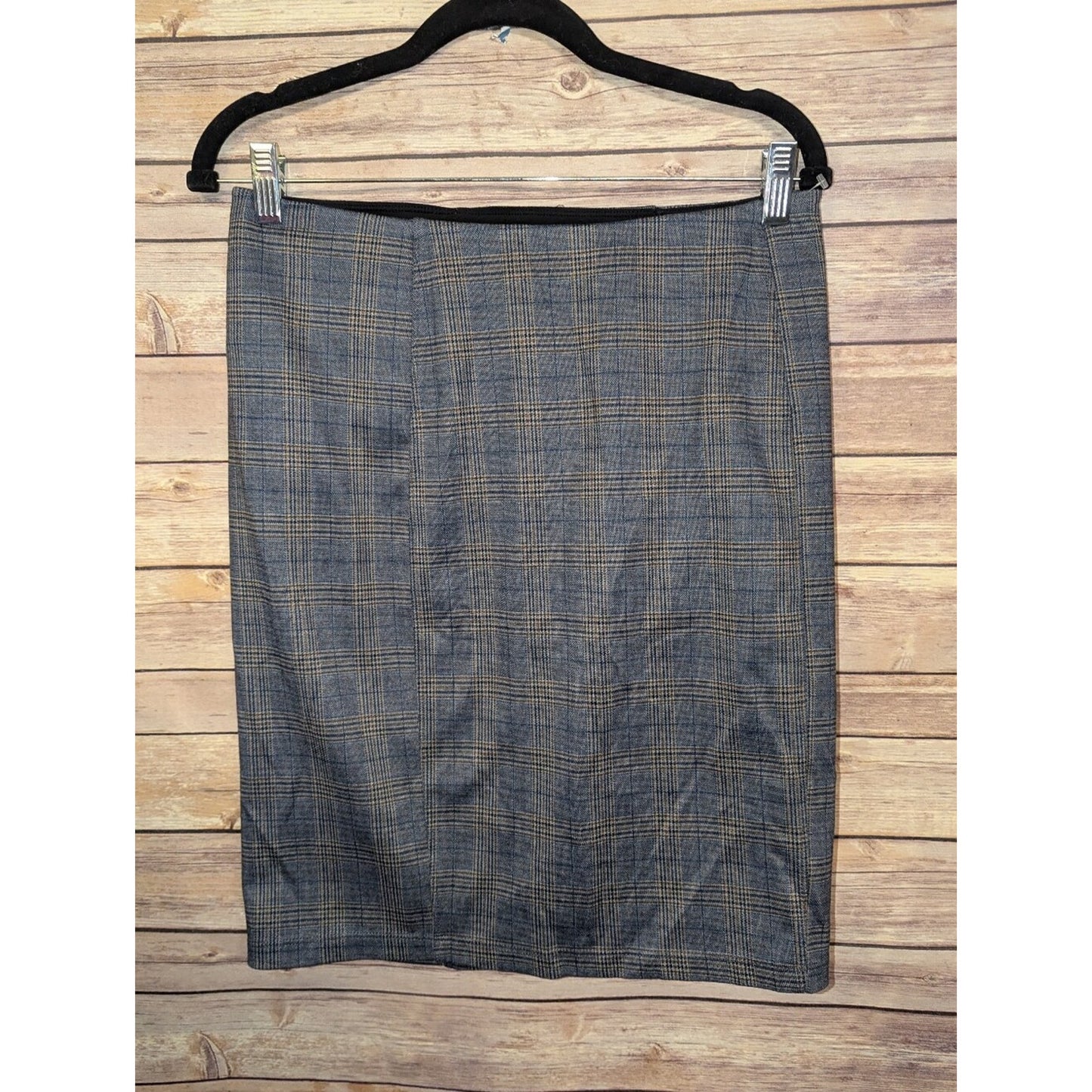 Liverpool Los Angeles Plaid Pencil Skirt Womens 8P Navy Khaki Stretch Career Pet