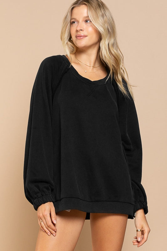 POL Back Cross Strap Detail Balloon Sleeve Sweatshirt - Scarlett's Riverside Boutique 