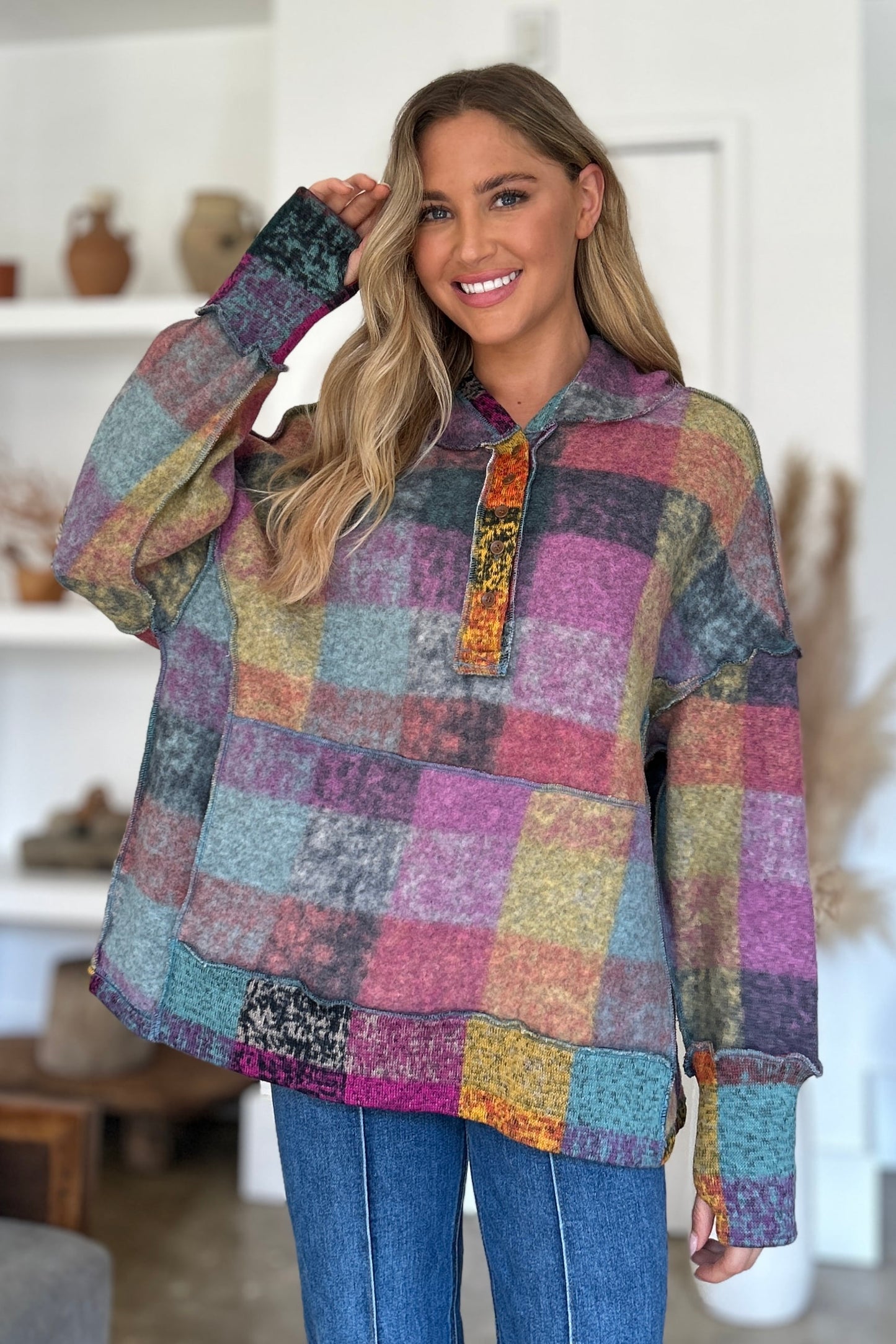 Double Take Full Size Plaid Dropped Shoulder Hoodie - Scarlett's Riverside Boutique 