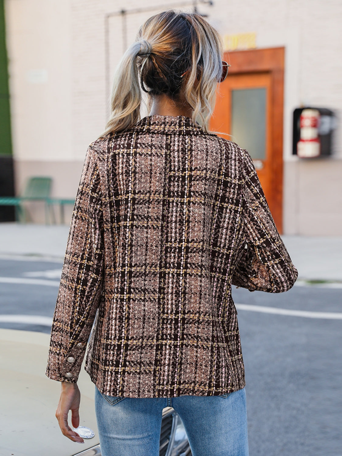 Full Size Plaid Lapel Collar Blazer - Scarlett's Riverside Boutique 