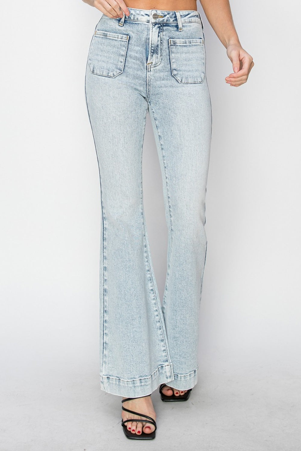 Risen Full Size High Rise Front Patch Pocket Flare Jeans - Scarlett's Riverside Boutique 