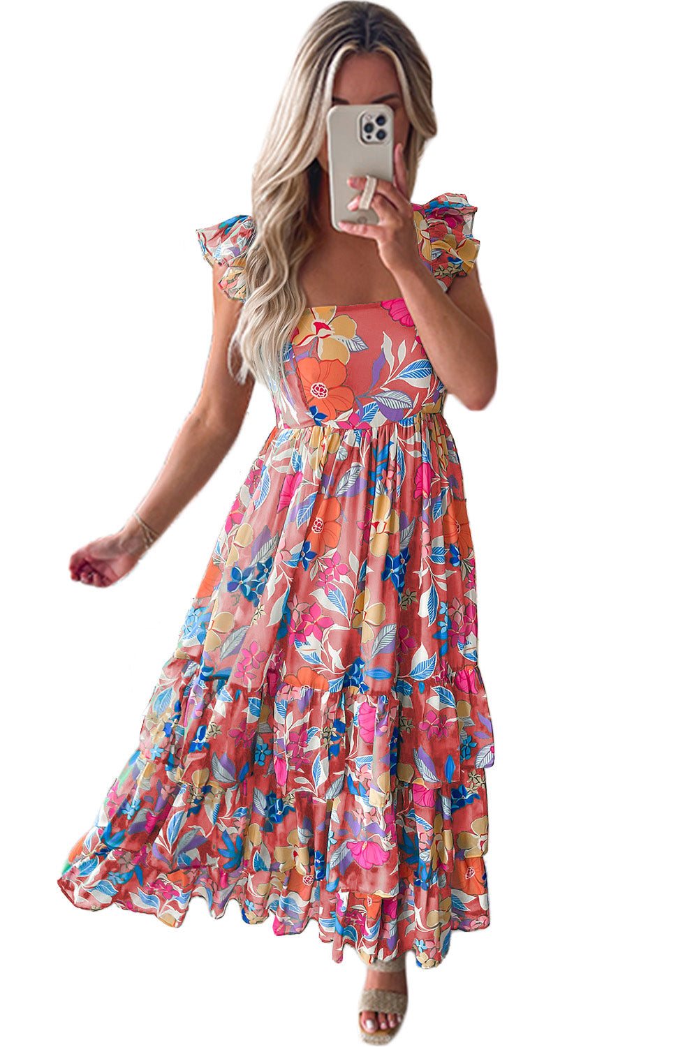 Pink Floral Print Sleeveless Ruffle Tiered Maxi Dress - Scarlett's Riverside Boutique 