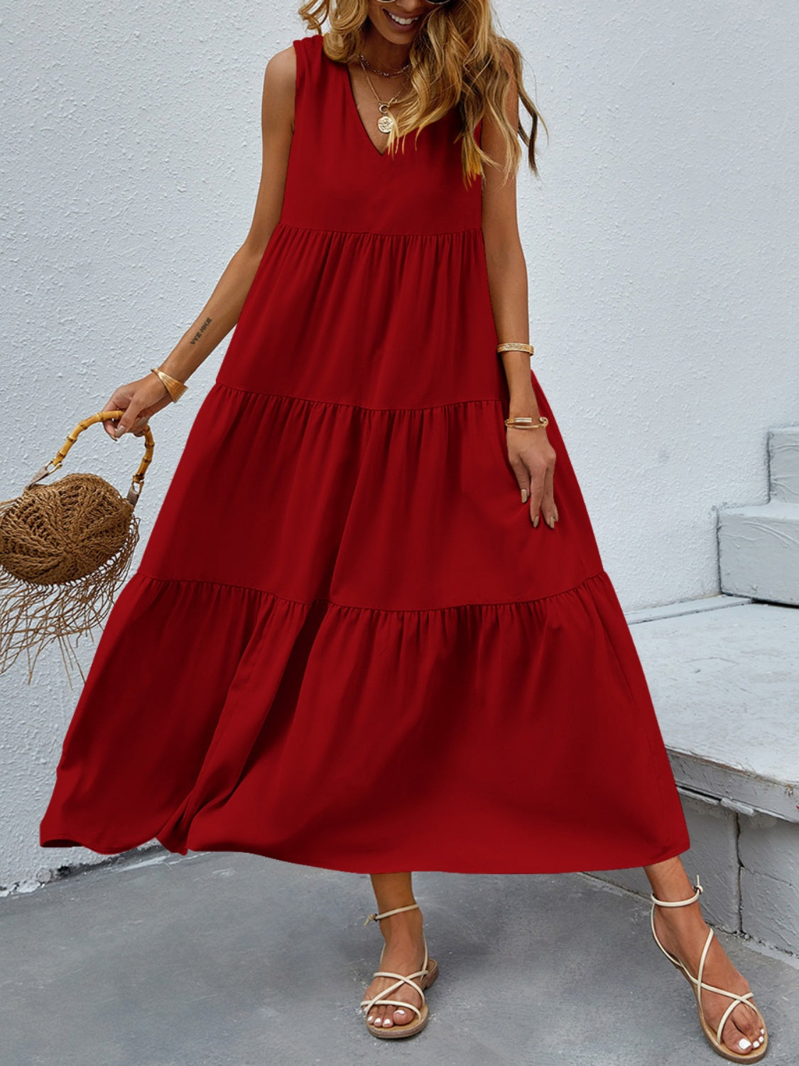 Tiered V-Neck Sleeve Dress - Scarlett's Riverside Boutique 