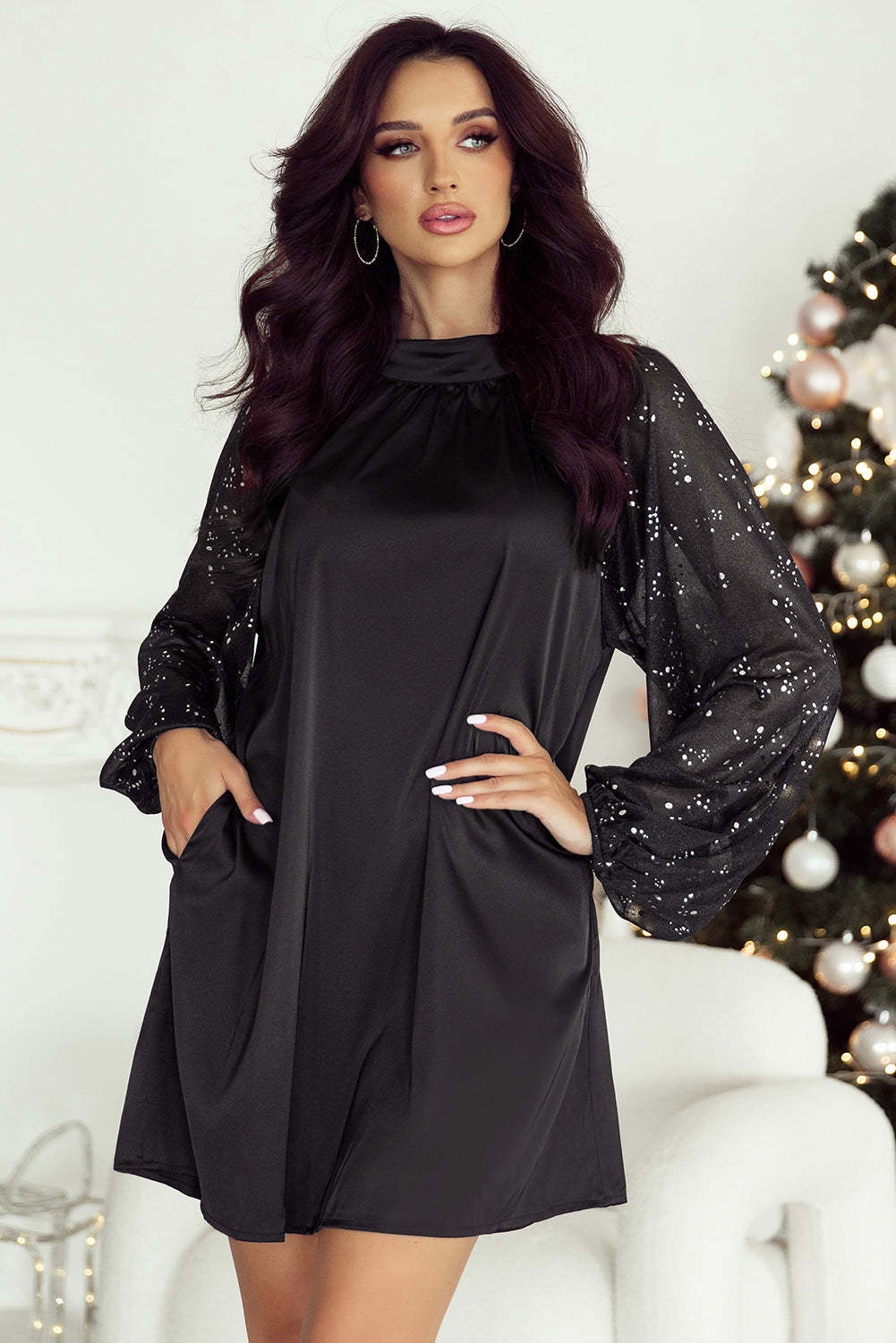 Black Glittering Mesh Sleeve Mock Neck Mini Dress - Scarlett's Riverside Boutique 