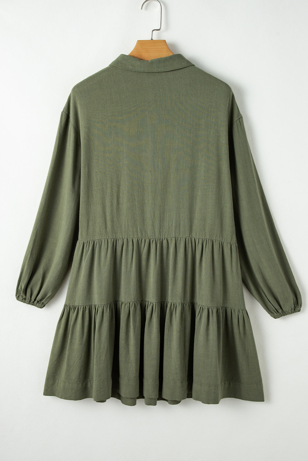 Jungle Green Puff Sleeve Buttoned Tiered Pleated Shirt Mini Dress