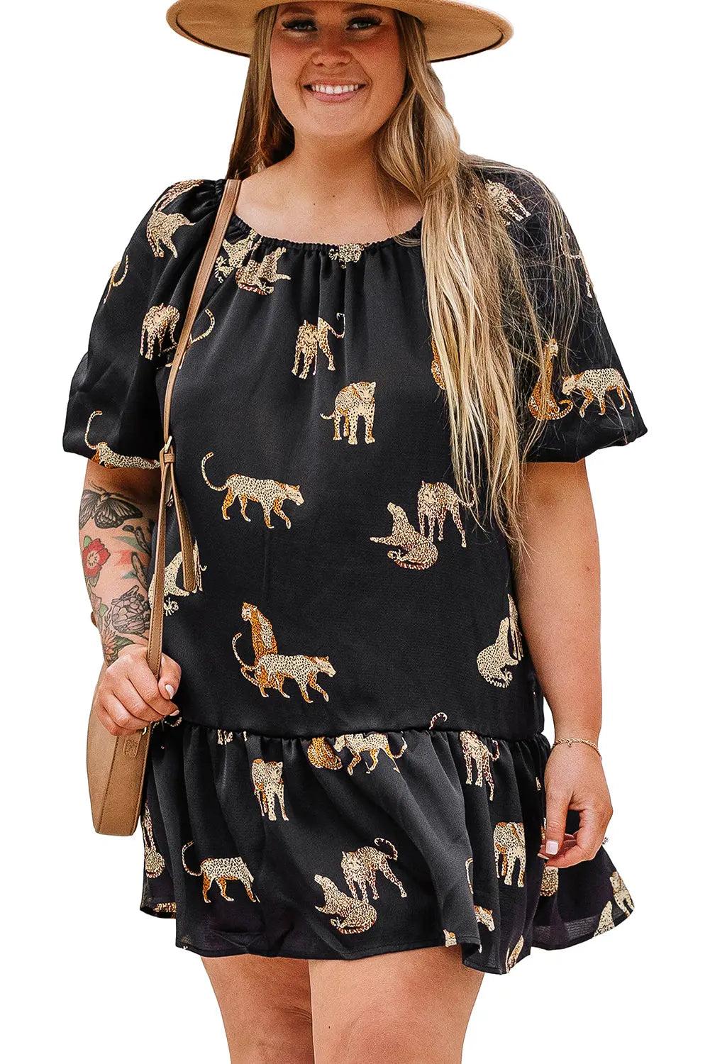 Black Plus Size Cheetah Print Puff Sleeve Ruffle Mini Dress - Scarlett's Riverside Boutique