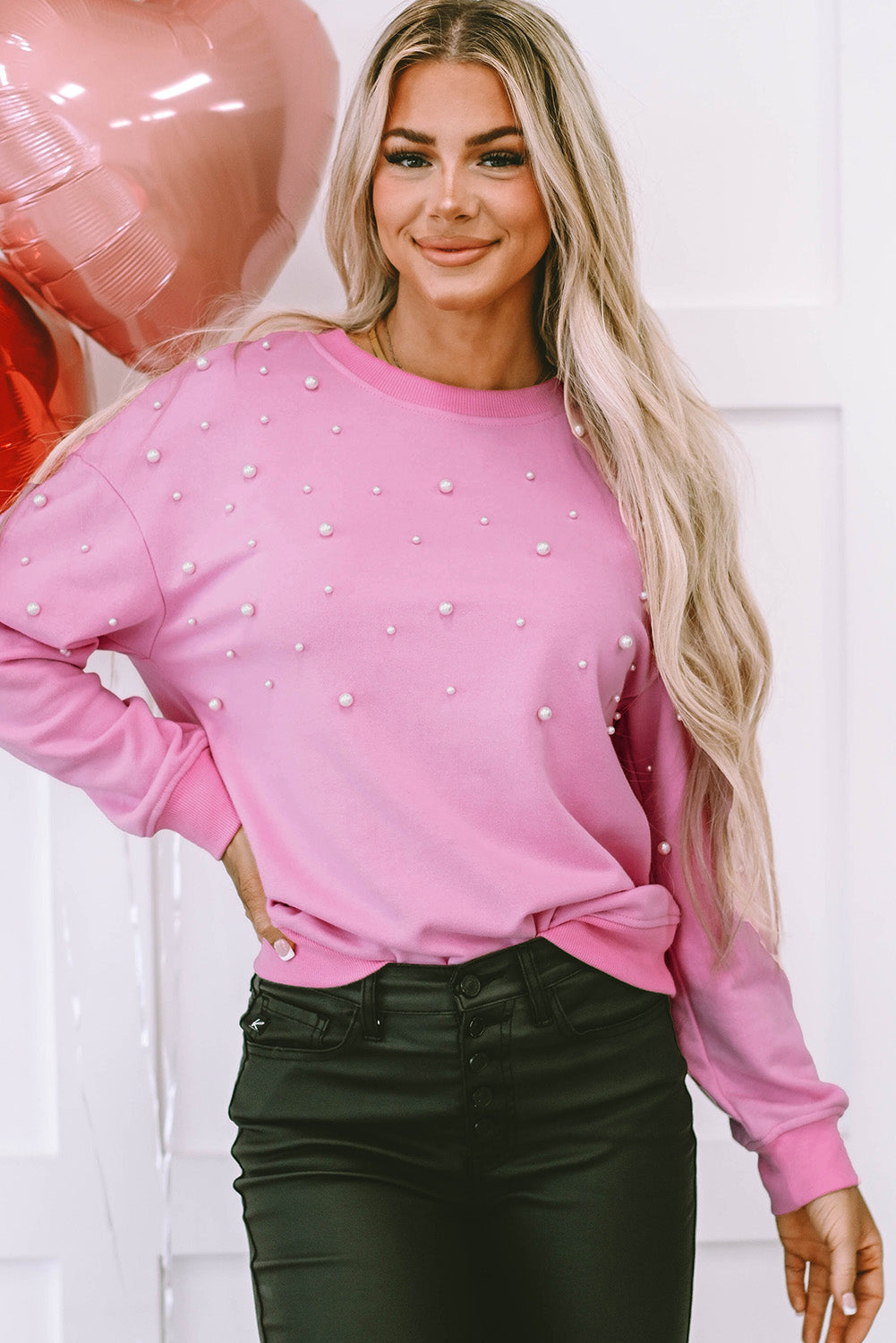 Bonbon Pearl Detail Ribbed Crew Neck Sweatshirt - Scarlett's Riverside Boutique 