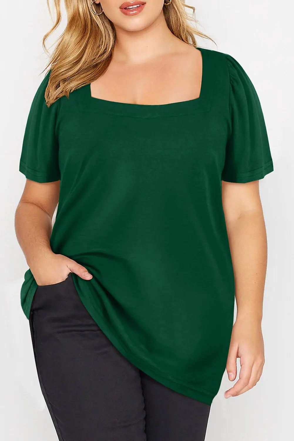 Green Plus Size Square Neck Ruched Shoulder Short Sleeve Top - Scarlett's Riverside Boutique 