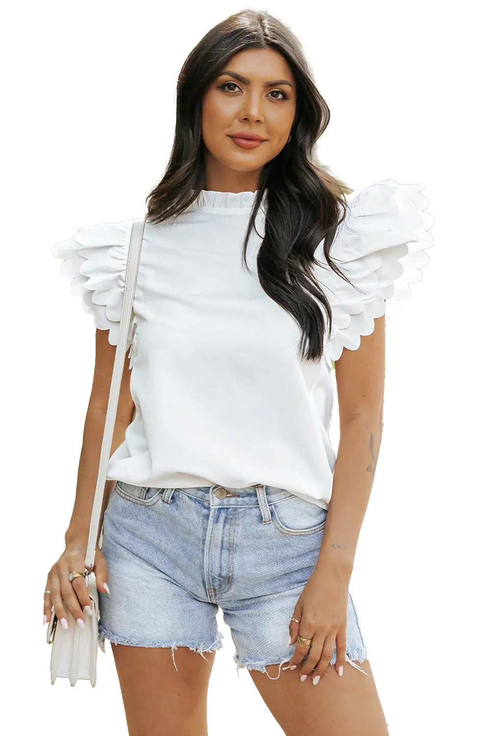 White Solid Color Scalloped Ruffle Sleeve Top - Scarlett's Riverside Boutique 