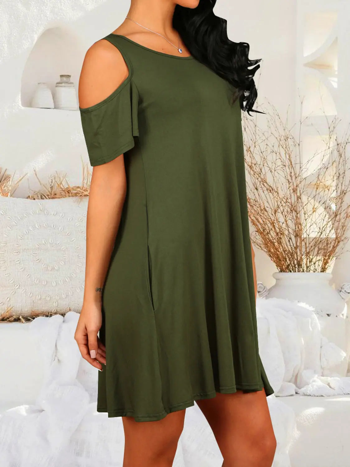 Round Neck Cold Shoulder Short Sleeve Dress - Scarlett's Riverside Boutique 