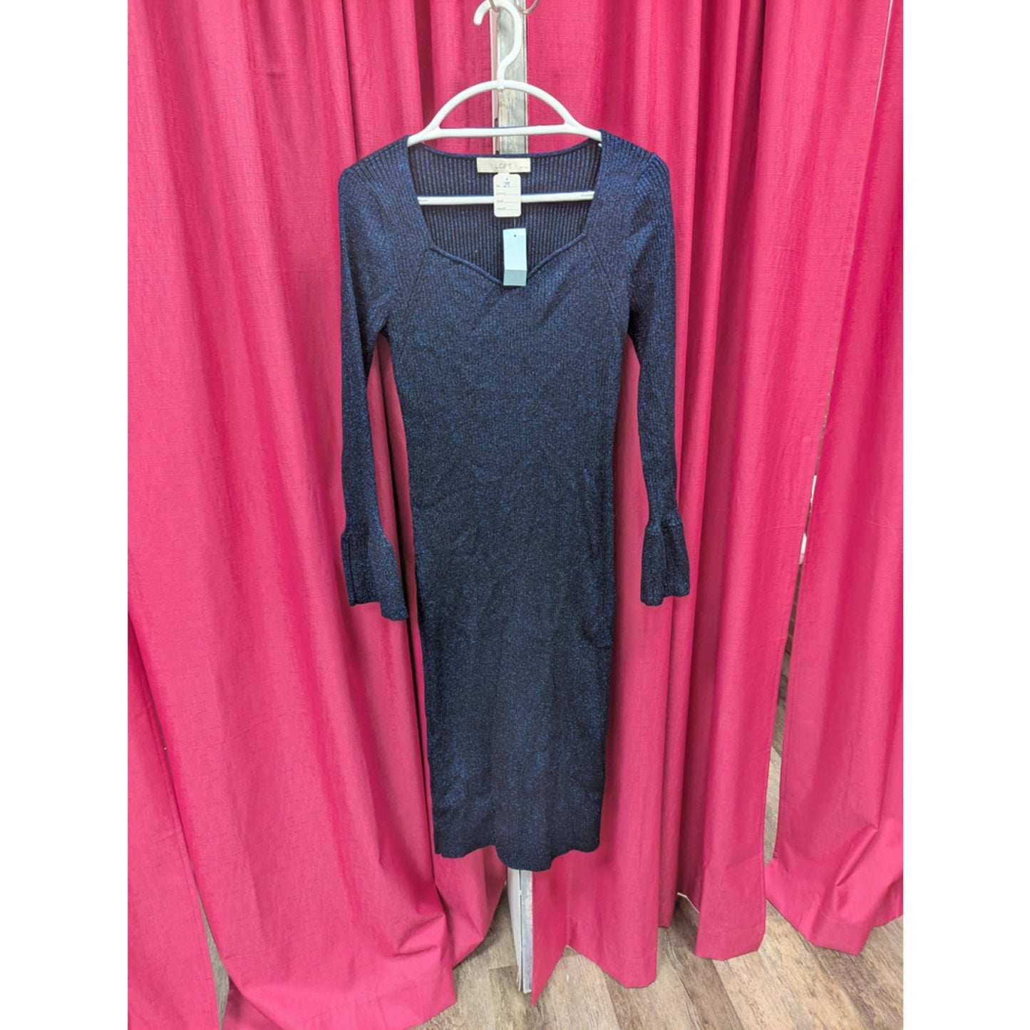 NWT LOFT Blue Shimmer Sweater Dress Size Large | Metallic Knit Midi Bodycon Bell