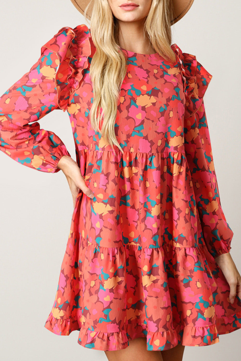 Rose Red Ruffle Shoulder Long Sleeve Floral Mini Dress - Scarlett's Riverside Boutique