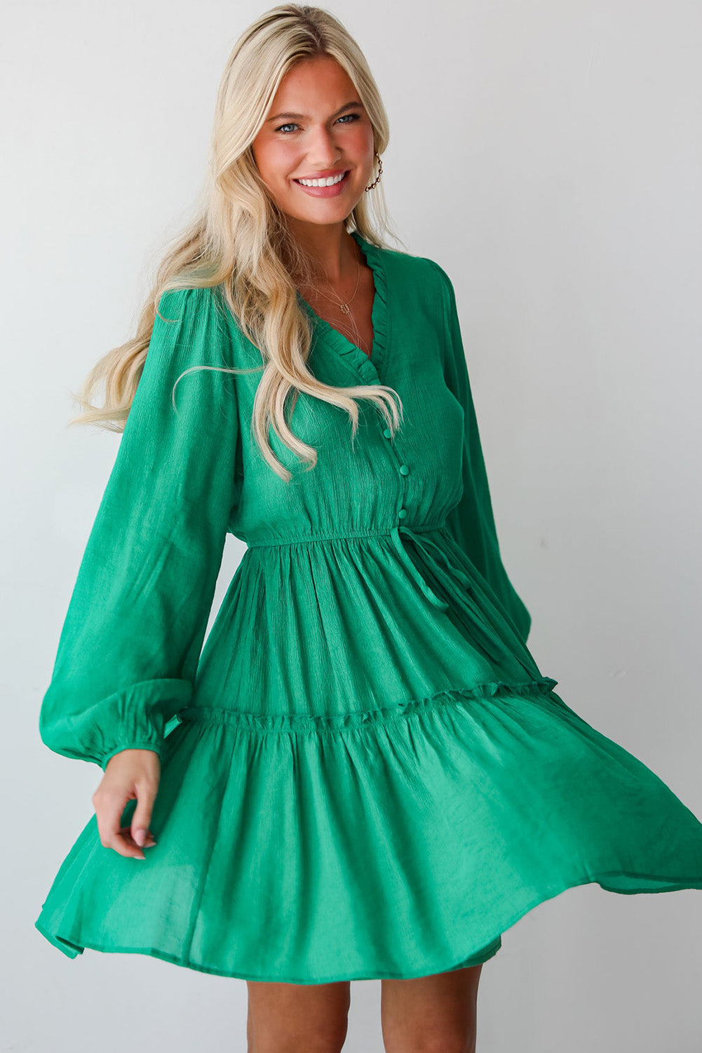 Sea Green Frilly V Neck Puff Sleeve Drawstring Shift Mini Dress - Scarlett's Riverside Boutique 