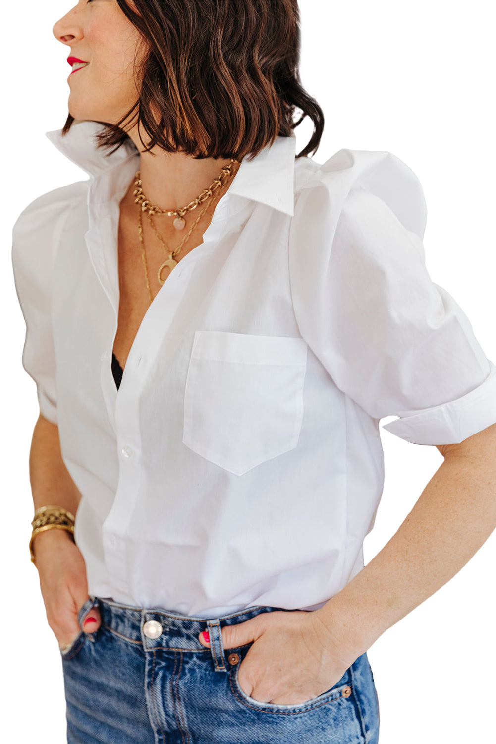 White Solid Puff Short Sleeve Shirt - Scarlett's Riverside Boutique 