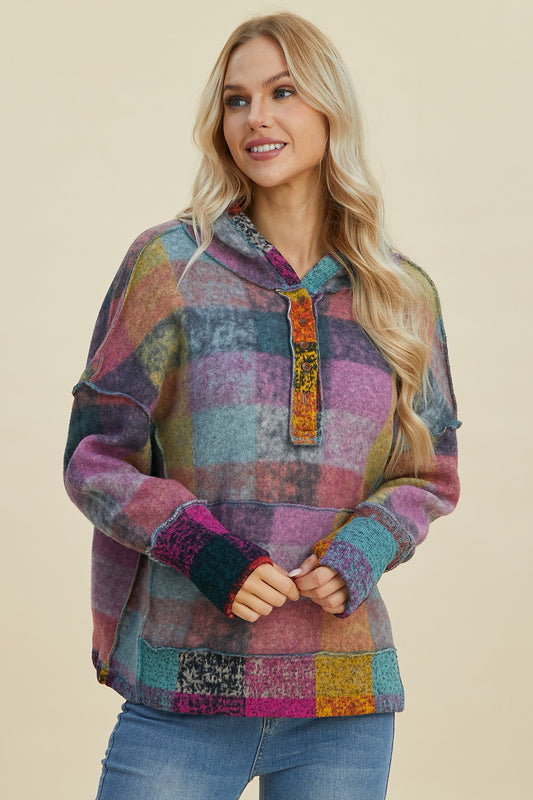 Double Take Full Size Plaid Dropped Shoulder Hoodie - Scarlett's Riverside Boutique 