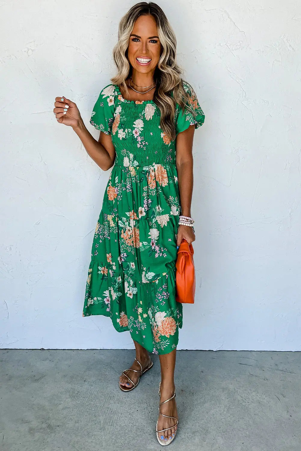 Green Floral Print Bubble Sleeve Smocked Tiered Midi Dress - Scarlett's Riverside Boutique 