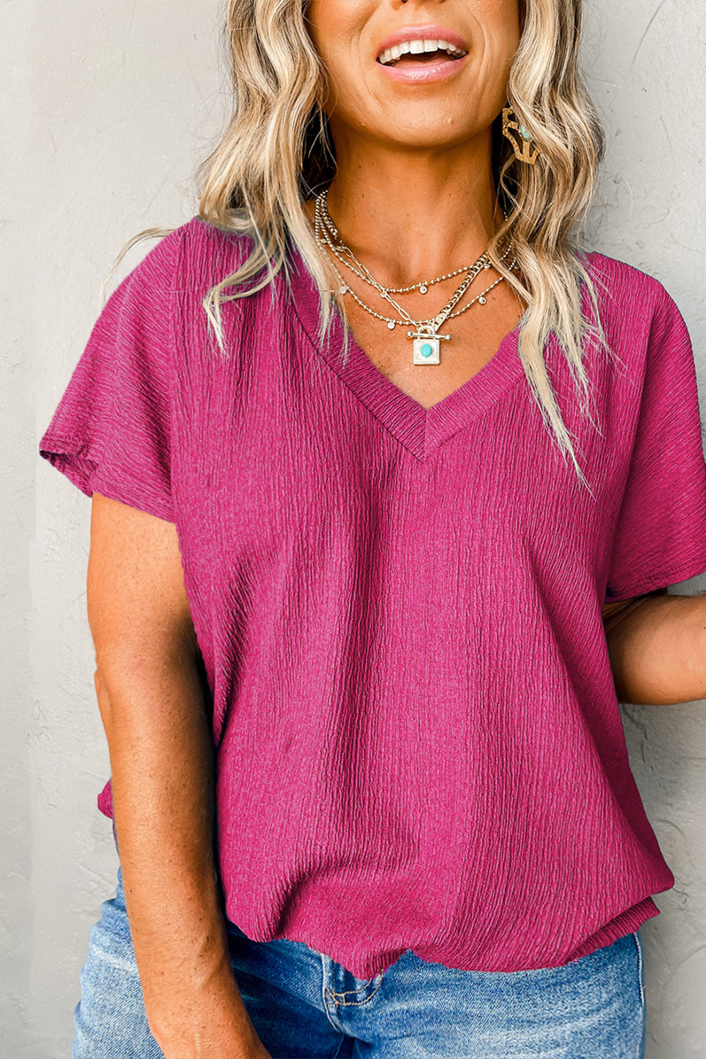 Bright Pink Textured V Neck Bubble Hem Plus Top - Scarlett's Riverside Boutique 