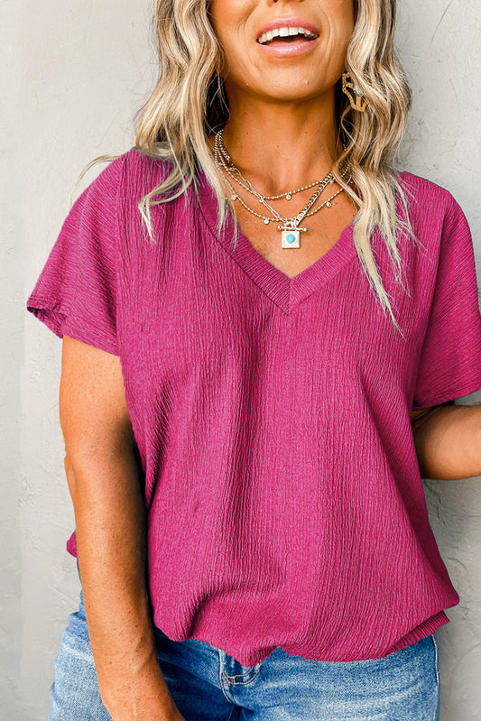 Bright Pink Textured V Neck Bubble Hem Plus Top - Scarlett's Riverside Boutique 