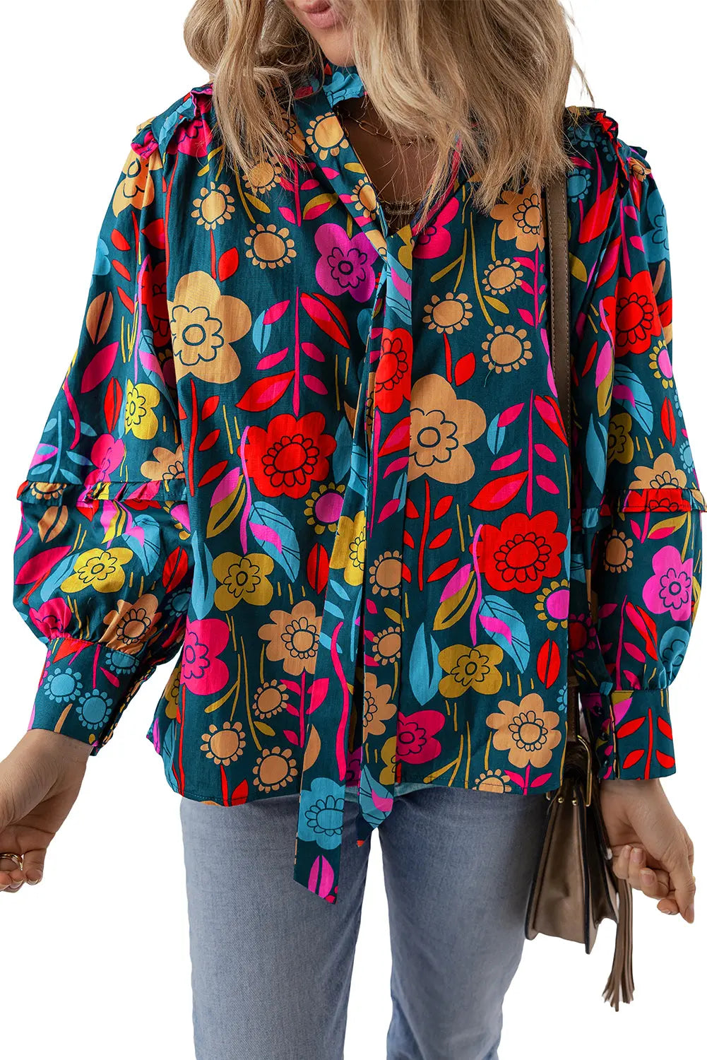 Green Floral Knot Split Neck Puff Sleeve Blouse - Scarlett's Riverside Boutique 