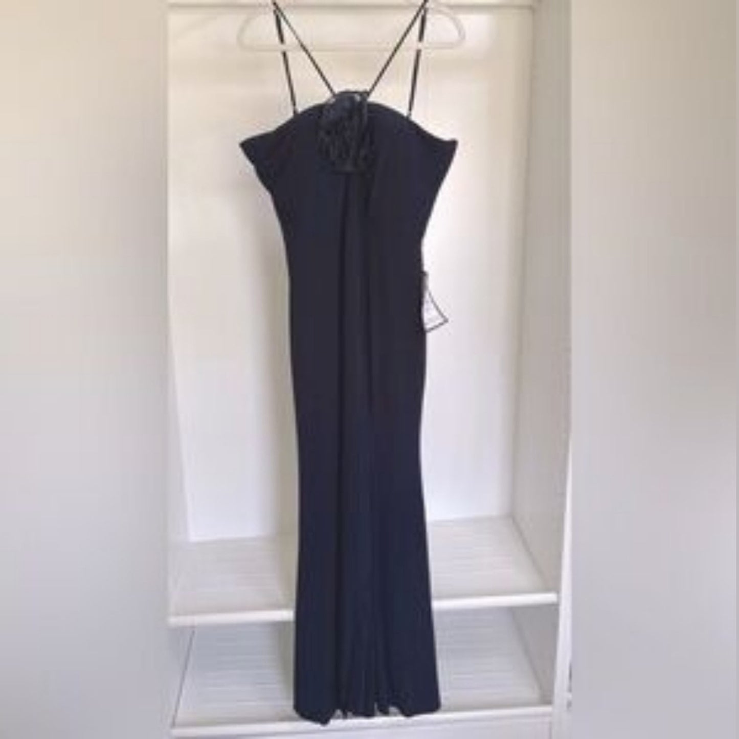 NWT XSCAPE Women’s Size 14 Navy Rosette Halter Gown Formal Evening Dress #G41
