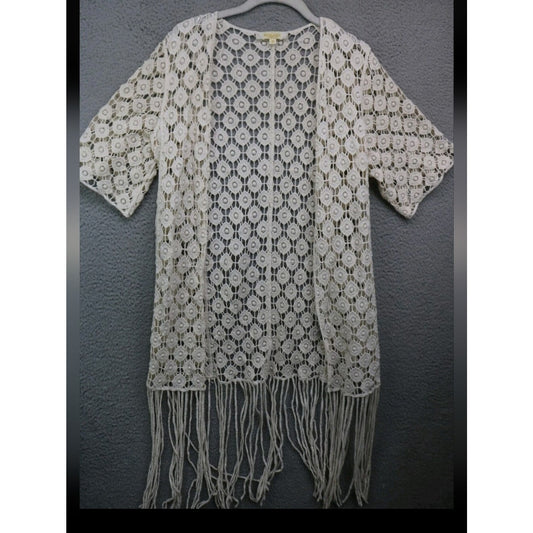 100% Cotton Rebellious One Cream Crochet Fringe Kimono Cardigan Boho Festival