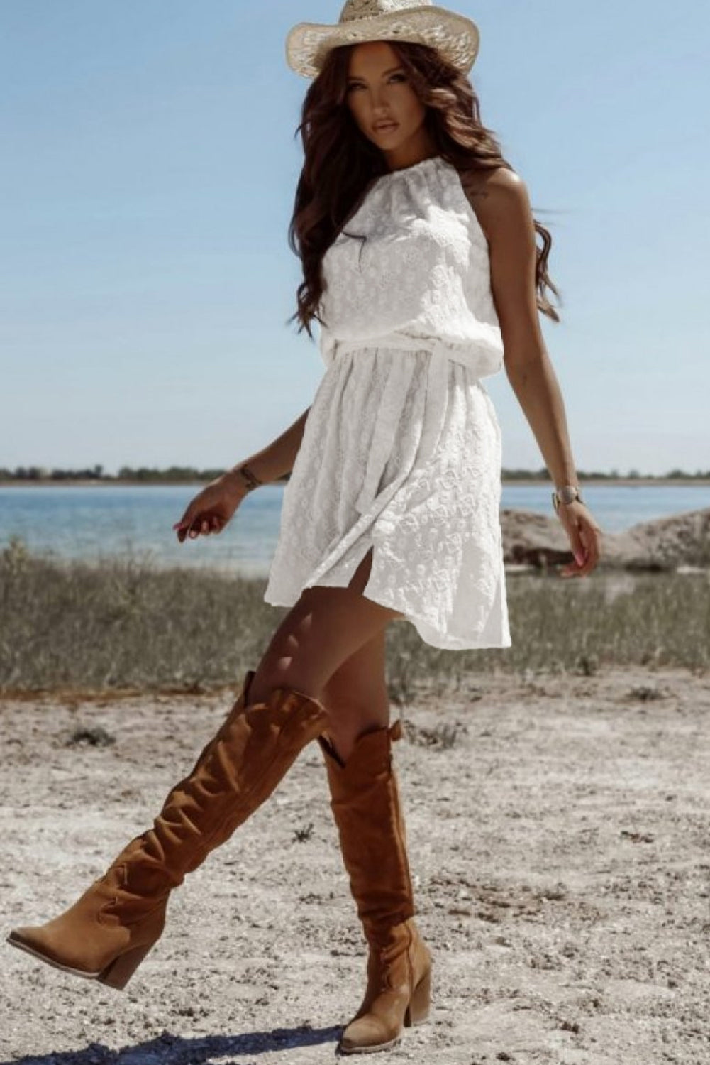 White Lace Sleeveless Mini Dress