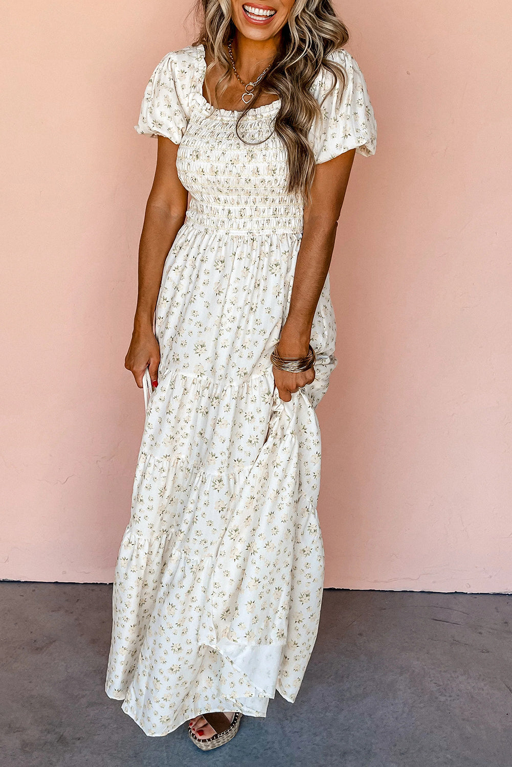 White Frilly Shirred Bodice Tiered Floral Maxi Dress - Scarlett's Riverside Boutique 