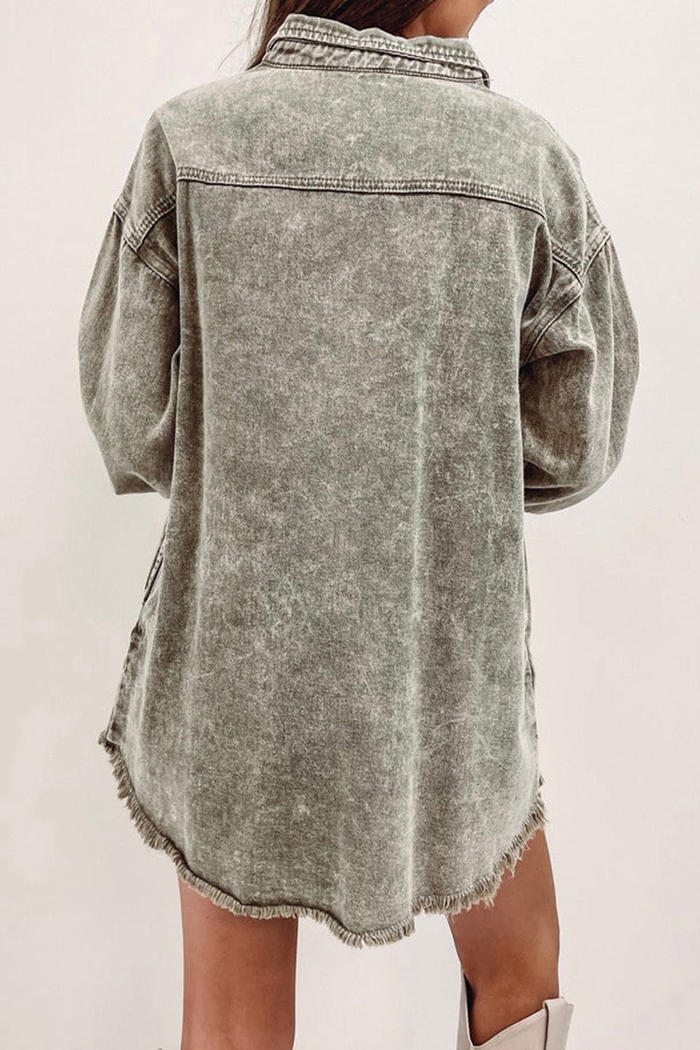 Sage Green Acid Wash Flap Pocket Raw Hem Tunic Denim Jacket - Scarlett's Riverside Boutique 