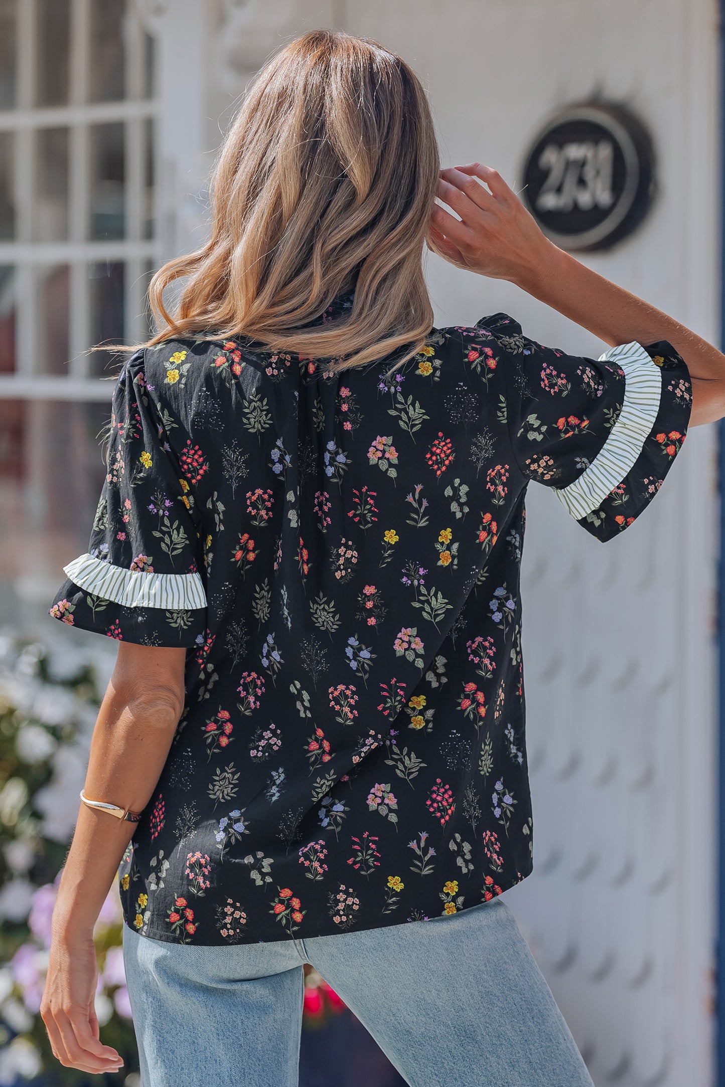 Women’s Black Floral Ruffle Blouse | Button Down Romantic Cottagecore Top with Striped Detail
