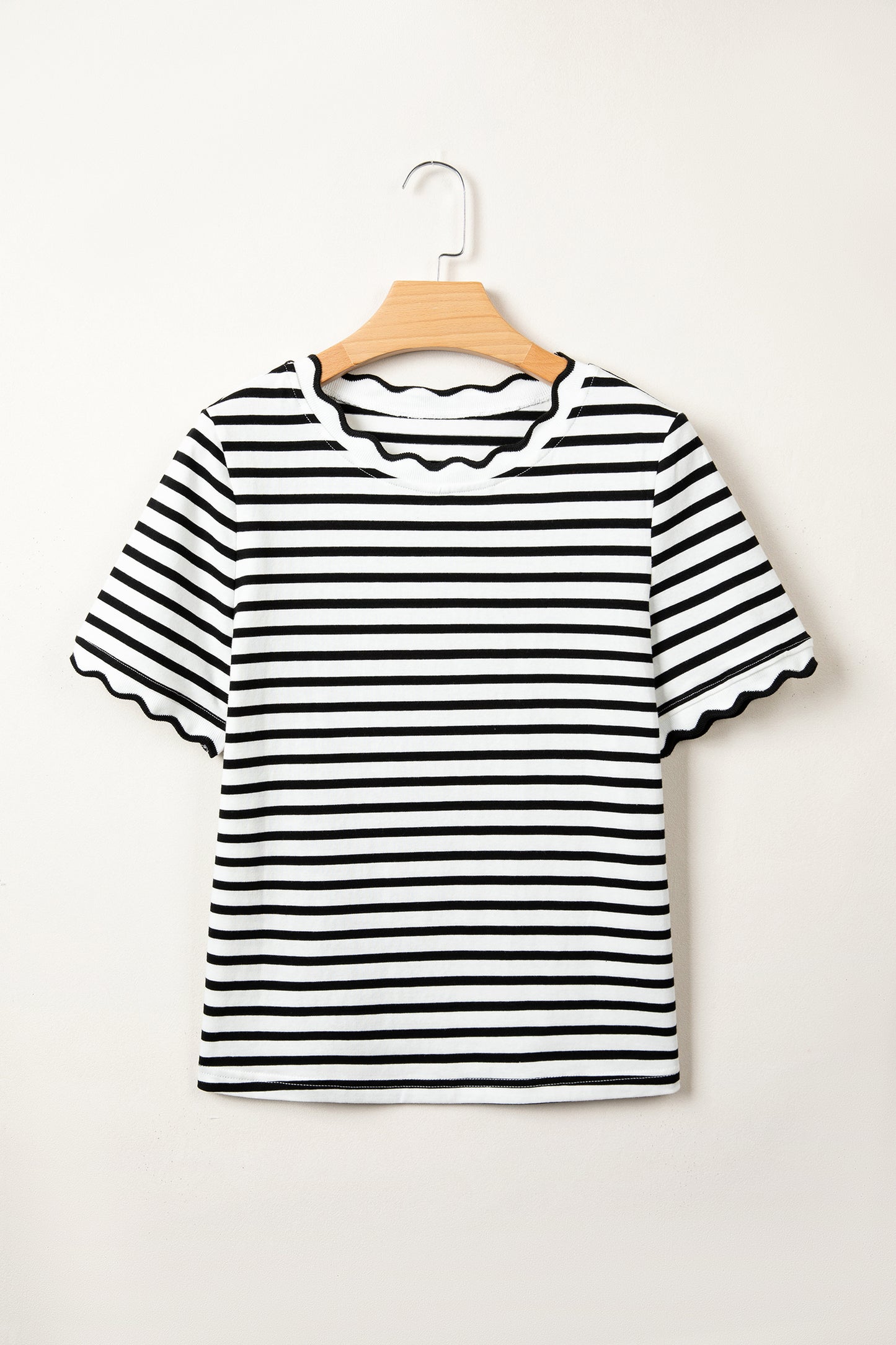 Red Stripe Scalloped Trim Round Neck T Shirt
