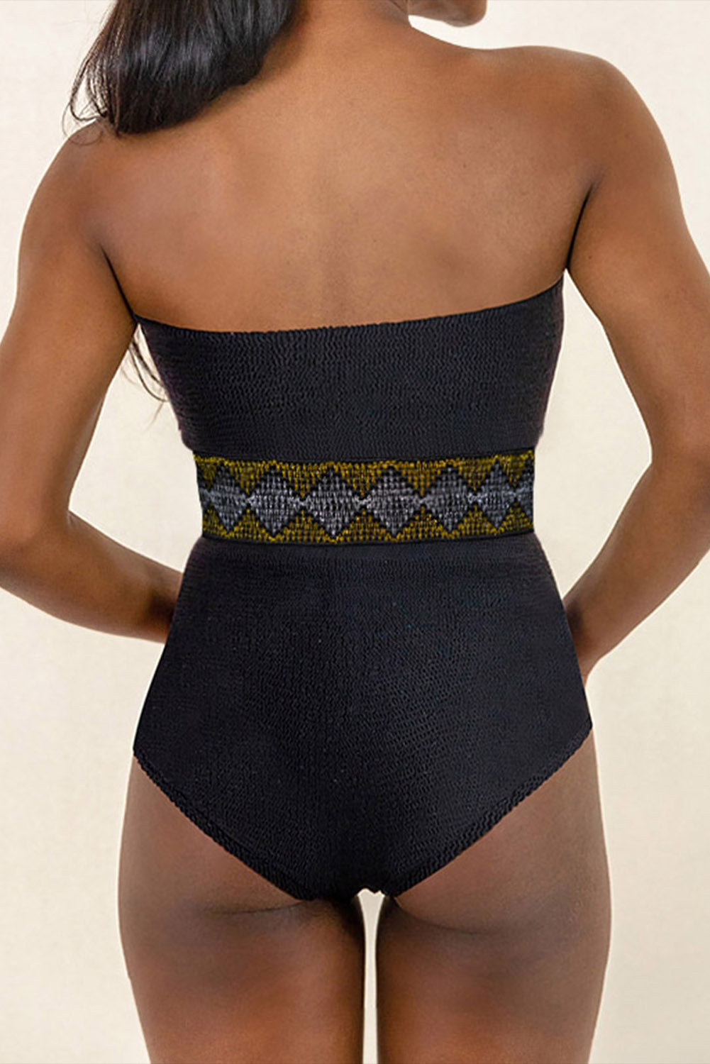 Black Geometric Trim High Waist Strapless One Piece Swimsuit - Scarlett's Riverside Boutique 