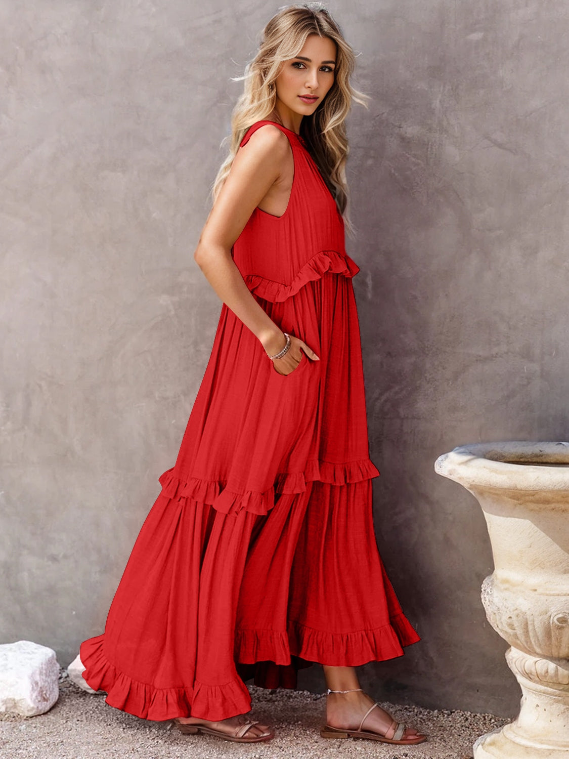 Ruffled Sleeveless Tiered Maxi Dress with Pockets - Scarlett's Riverside Boutique 