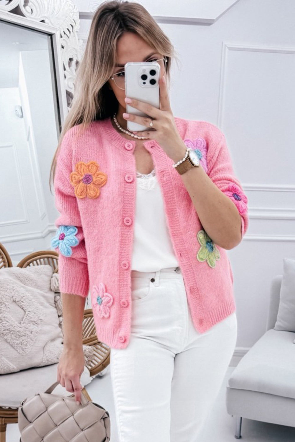 Pink Cute Knitted Floral Pattern Button Up Cardigan - Scarlett's Riverside Boutique 