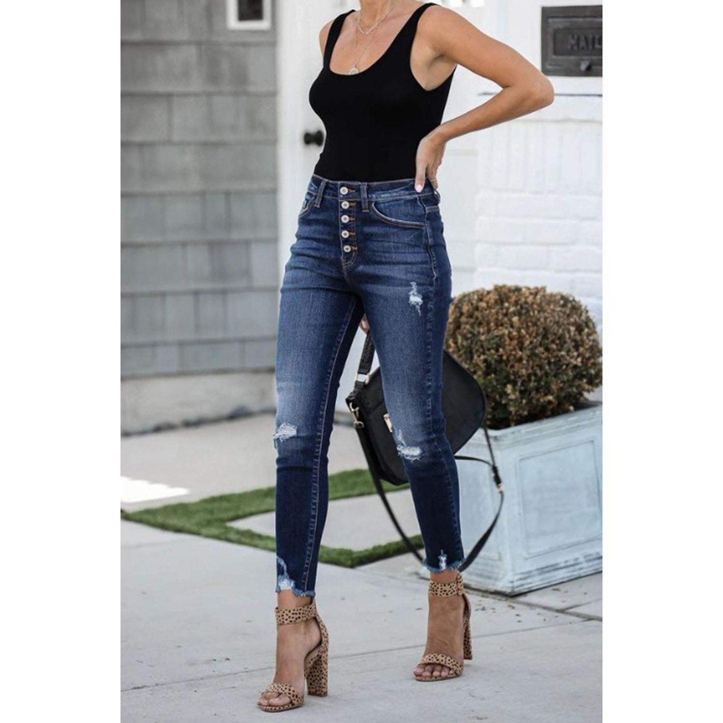Buttoned Distressed Skinny Jeans