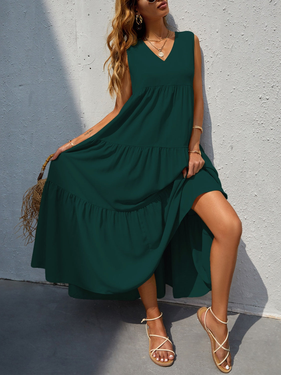 Tiered V-Neck Sleeve Dress - Scarlett's Riverside Boutique 