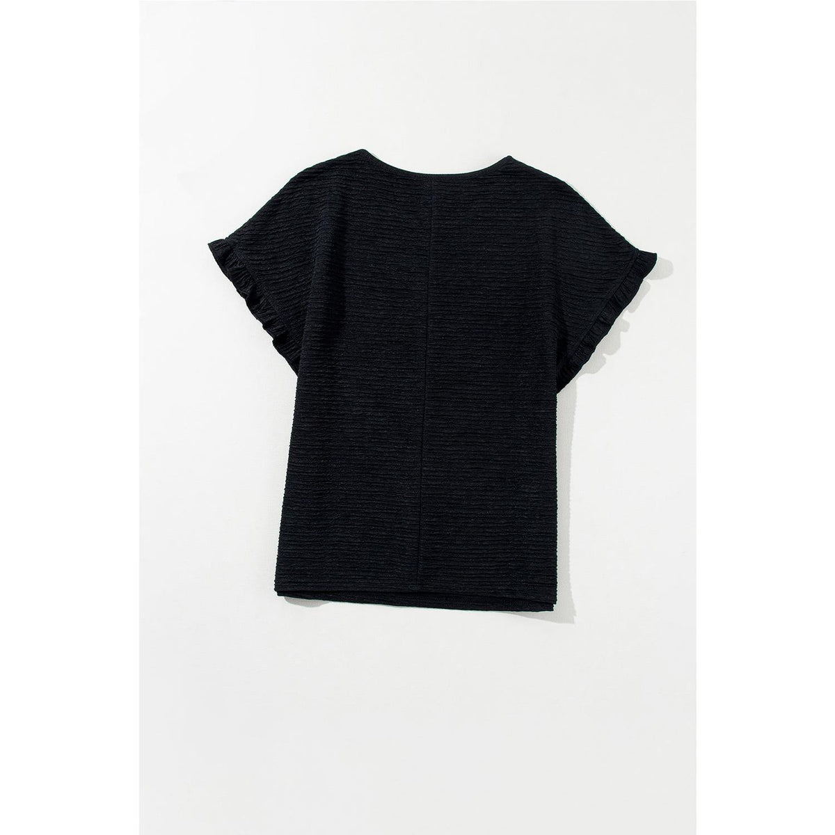 Black Solid Textured Ruffled Short Sleeve Blouse Fit Shirts Top Womenswear