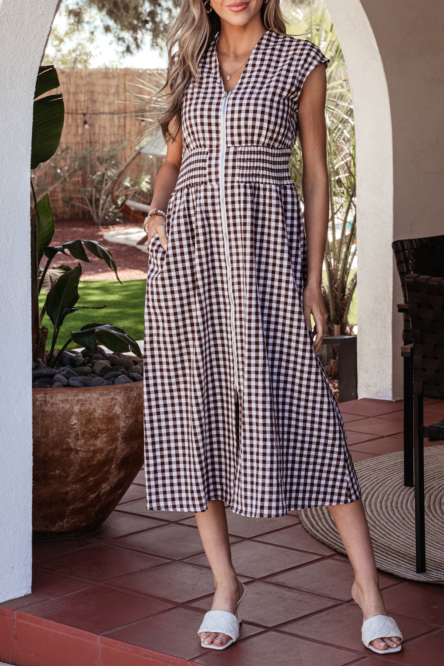 Brown Gingham Zip Front Midi Dress – Smocked Waist Sleeveless Plaid Summer Dress with Pockets