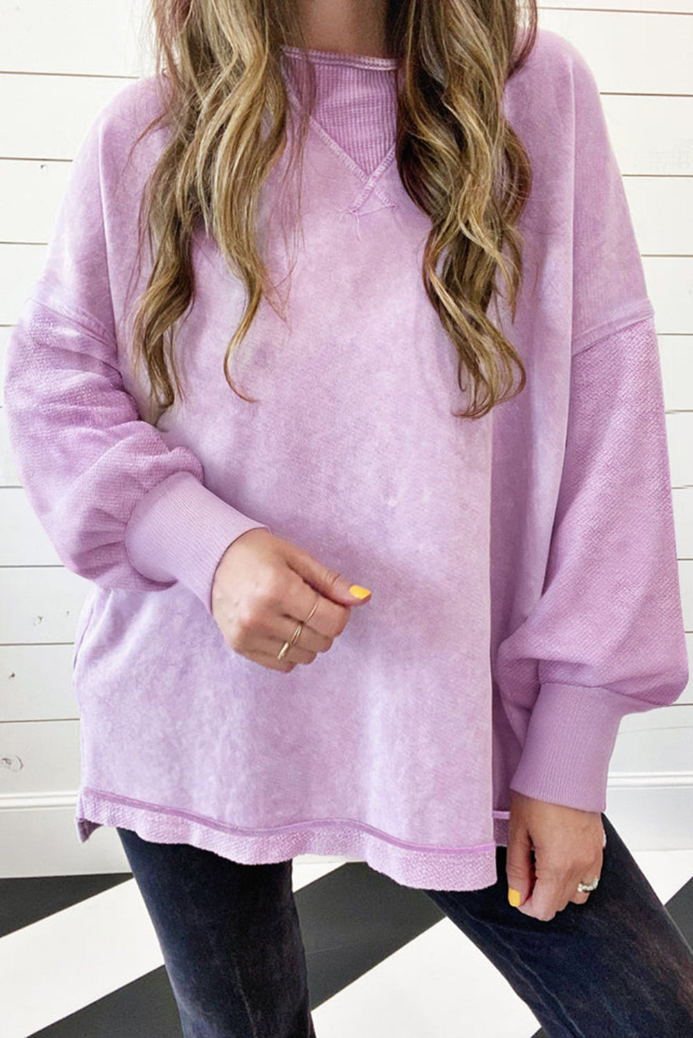 Orchid Petal Mineral Wash Drop Shoulder Pullover Sweatshirt - Scarlett's Riverside Boutique 