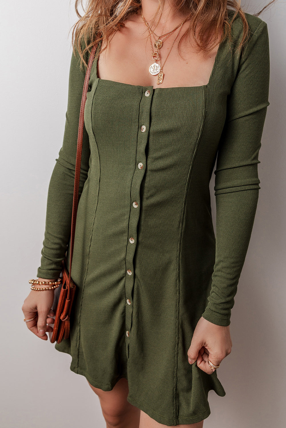 Green Rib Knit Square Neck Buttoned Long Sleeve Mini Dress