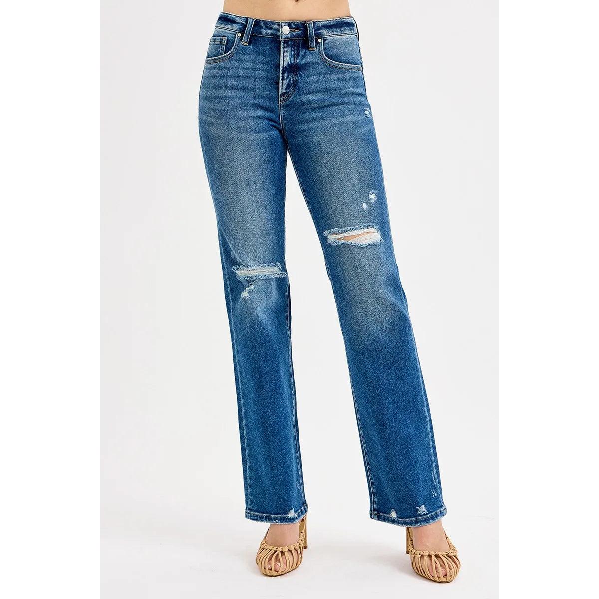 RISEN Full Size Tummy Control High Rise Straight Distressed Jeans