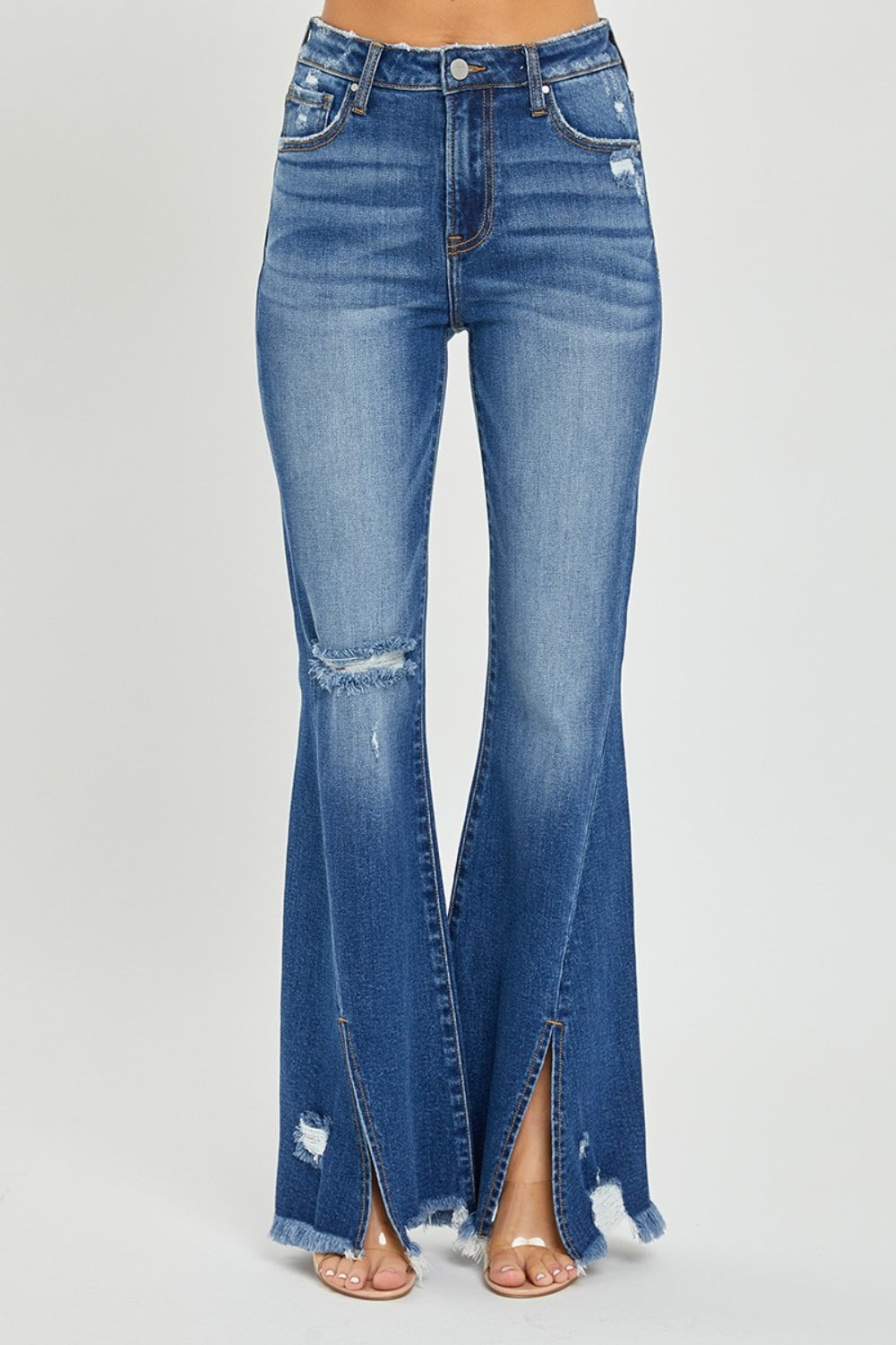 RISEN Full Size High Rise Front Slit Frayed Hem Flare Jeans - Scarlett's Riverside Boutique 