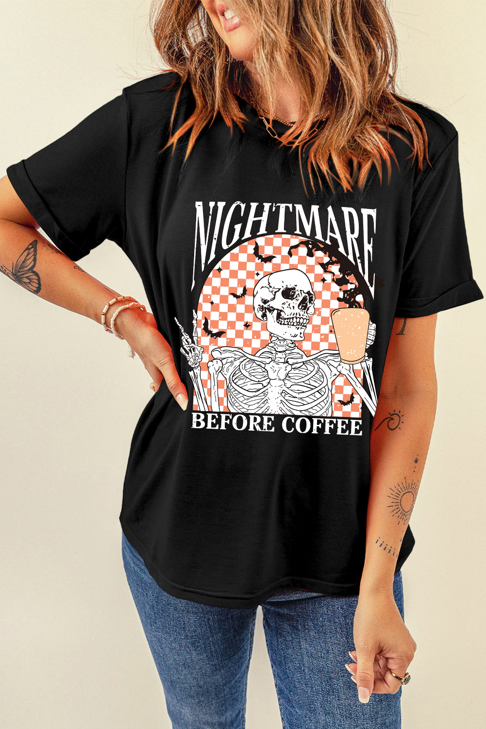 Black Nightmare Before Coffee Skull Checkerboard Graphic Halloween Tee - Scarlett's Riverside Boutique 